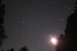 Perseiden Meteor bei Mond und Plejaden